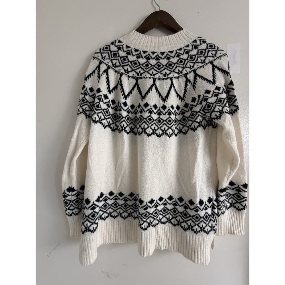 LOFT Fair Isle Sweater Women L Ivory Black Nordic Geometric Crewneck Pullover - Picture 2 of 9